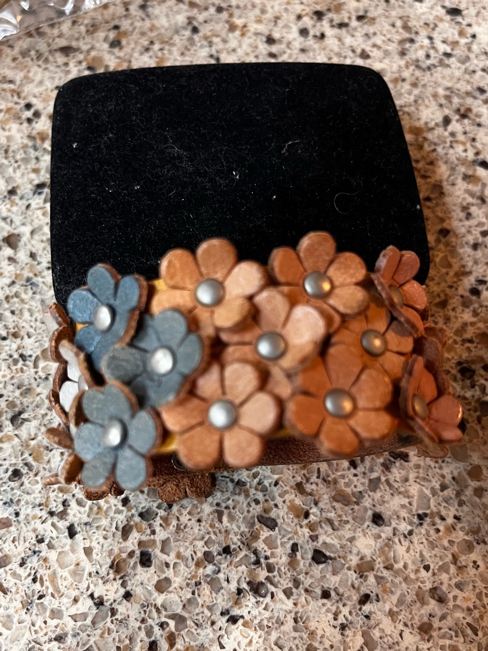 Leather Floral Bracelet with Blue and Tan Flowers